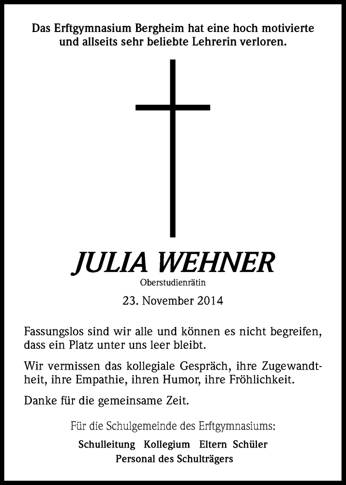  Traueranzeige für Julia Wehner vom 29.11.2014 aus Kölner Stadt-Anzeiger / Kölnische Rundschau / Express