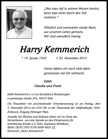 Anzeige von Harry Kemmerich von Kölner Stadt-Anzeiger / Kölnische Rundschau / Express
