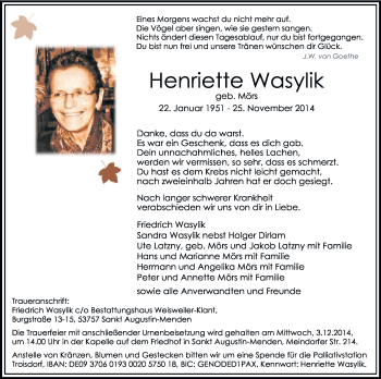 Anzeige von Henriette Wasylik von Kölner Stadt-Anzeiger / Kölnische Rundschau / Express