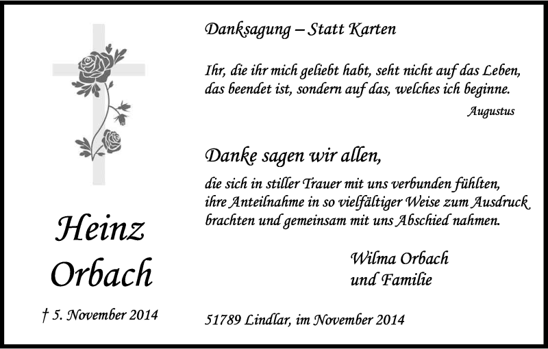  Traueranzeige für Heinz Orbach vom 29.11.2014 aus Kölner Stadt-Anzeiger / Kölnische Rundschau / Express