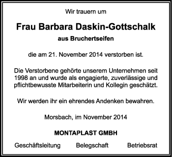 Anzeige von Barbara Daskin-Gottschalk von Kölner Stadt-Anzeiger / Kölnische Rundschau / Express