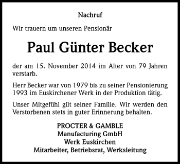 Anzeige von Paul Günter Becker von Kölner Stadt-Anzeiger / Kölnische Rundschau / Express