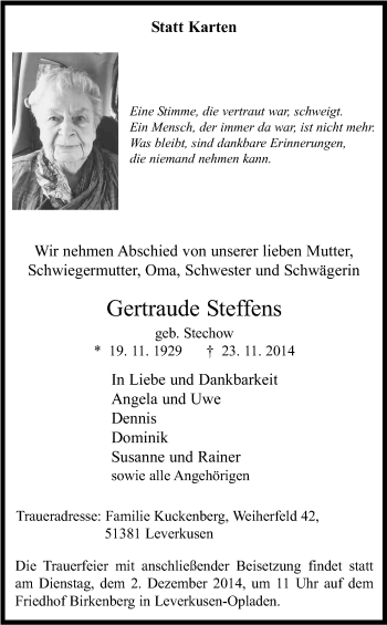 Anzeige von Gertraude Steffens von Kölner Stadt-Anzeiger / Kölnische Rundschau / Express