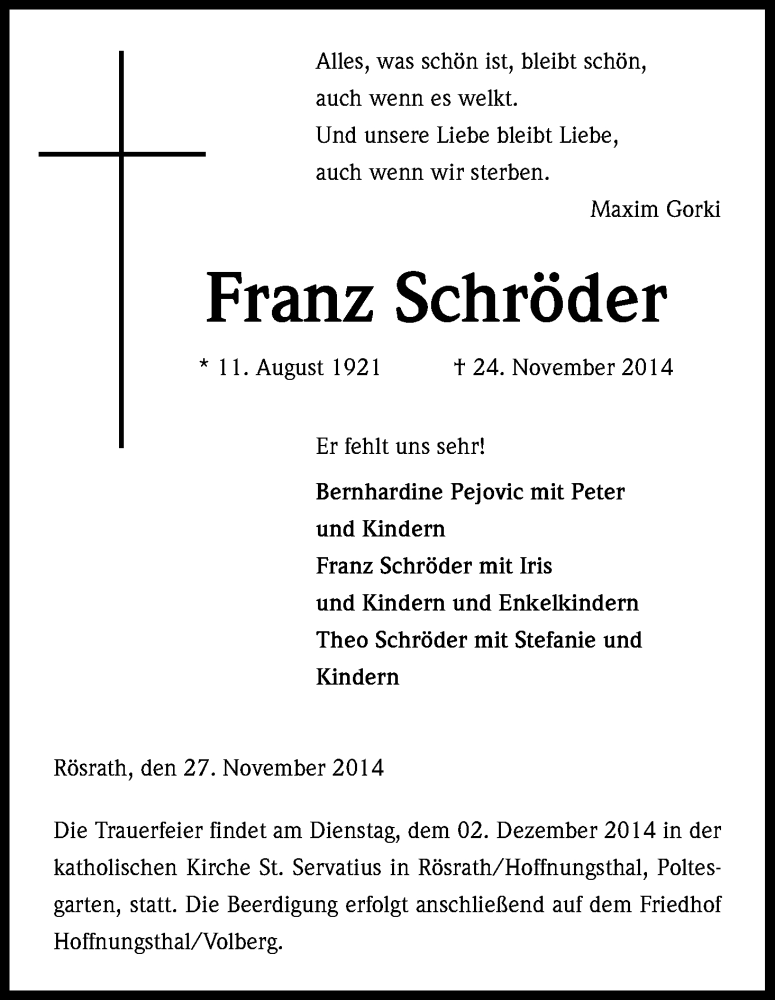  Traueranzeige für Franz Schröder vom 29.11.2014 aus Kölner Stadt-Anzeiger / Kölnische Rundschau / Express