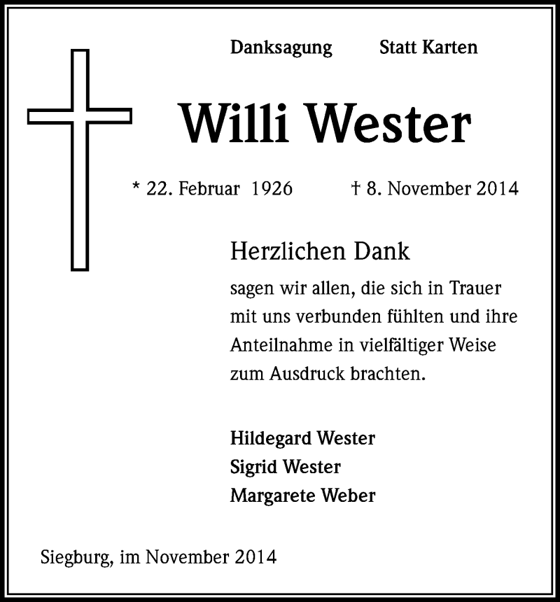  Traueranzeige für Willi Wester vom 29.11.2014 aus Kölner Stadt-Anzeiger / Kölnische Rundschau / Express
