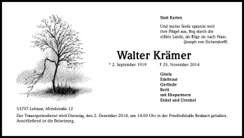 Anzeige von Walter Krämer von Kölner Stadt-Anzeiger / Kölnische Rundschau / Express