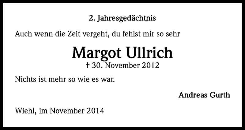  Traueranzeige für Margot Ullrich vom 29.11.2014 aus Kölner Stadt-Anzeiger / Kölnische Rundschau / Express