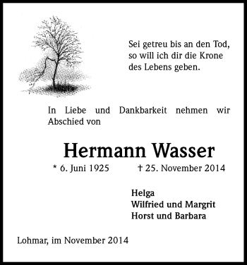 Anzeige von Hermann Wasser von Kölner Stadt-Anzeiger / Kölnische Rundschau / Express