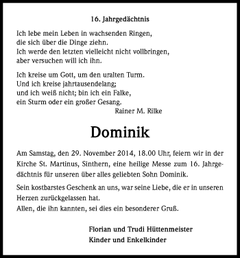 Anzeige von Dominik  von Kölner Stadt-Anzeiger / Kölnische Rundschau / Express