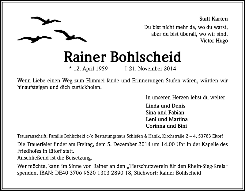  Traueranzeige für Rainer Bohlscheid vom 29.11.2014 aus Kölner Stadt-Anzeiger / Kölnische Rundschau / Express