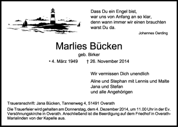 Anzeige von Marlies Bücken von Kölner Stadt-Anzeiger / Kölnische Rundschau / Express