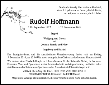 Anzeige von Rudolf Hoffmann von Kölner Stadt-Anzeiger / Kölnische Rundschau / Express