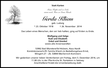 Anzeige von Gerda Kliem von Kölner Stadt-Anzeiger / Kölnische Rundschau / Express