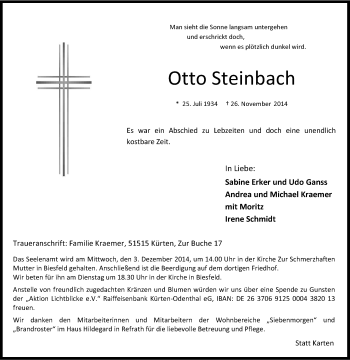 Anzeige von Otto Steinbach von Kölner Stadt-Anzeiger / Kölnische Rundschau / Express