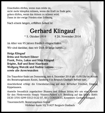 Anzeige von Gerhard Klingauf von Kölner Stadt-Anzeiger / Kölnische Rundschau / Express