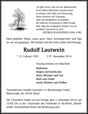 Anzeige von Rudolf Lautwein von Kölner Stadt-Anzeiger / Kölnische Rundschau / Express
