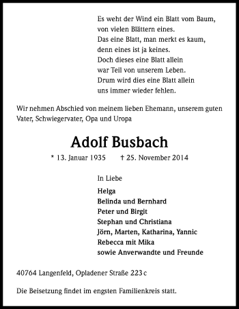 Anzeige von Adolf Busbach von Kölner Stadt-Anzeiger / Kölnische Rundschau / Express