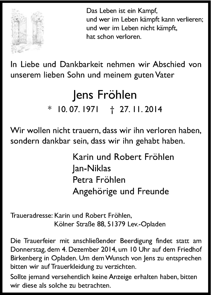  Traueranzeige für Jens Fröhlen vom 29.11.2014 aus Kölner Stadt-Anzeiger / Kölnische Rundschau / Express