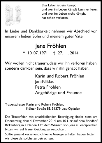 Anzeige von Jens Fröhlen von Kölner Stadt-Anzeiger / Kölnische Rundschau / Express