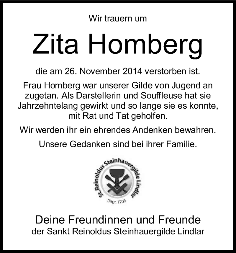  Traueranzeige für Zita Homberg vom 29.11.2014 aus Kölner Stadt-Anzeiger / Kölnische Rundschau / Express