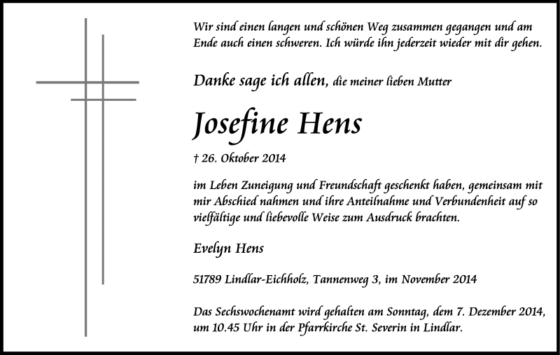  Traueranzeige für Josefine Hens vom 29.11.2014 aus Kölner Stadt-Anzeiger / Kölnische Rundschau / Express