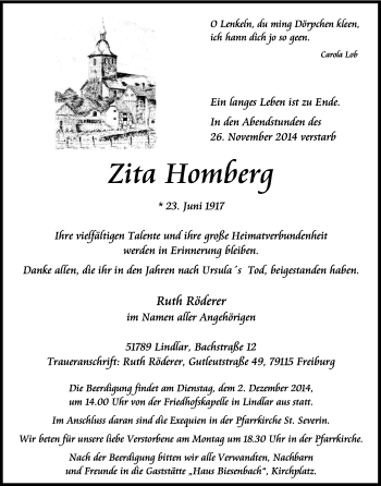 Anzeige von Zita Hornberg von Kölner Stadt-Anzeiger / Kölnische Rundschau / Express