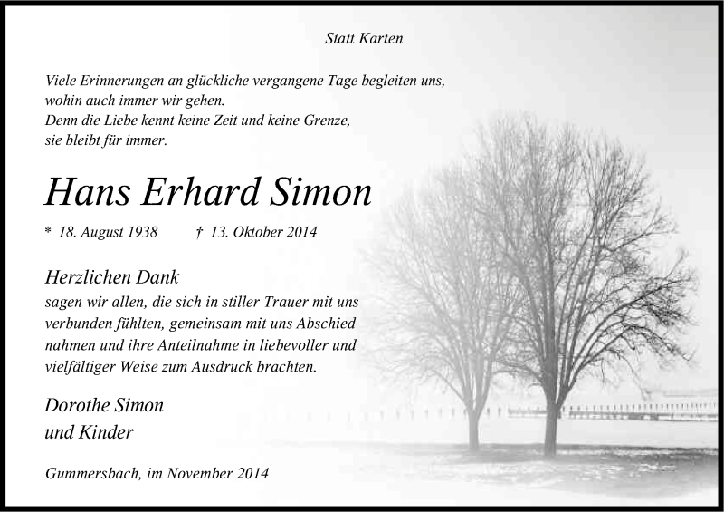  Traueranzeige für Hans Erhard Simon vom 29.11.2014 aus Kölner Stadt-Anzeiger / Kölnische Rundschau / Express