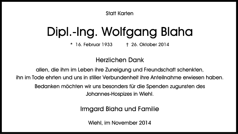  Traueranzeige für Wolfgang Blaha vom 29.11.2014 aus Kölner Stadt-Anzeiger / Kölnische Rundschau / Express