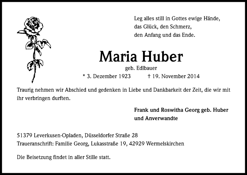  Traueranzeige für Maria Huber vom 29.11.2014 aus Kölner Stadt-Anzeiger / Kölnische Rundschau / Express