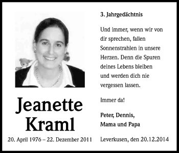 Anzeige von Jeanette Kraml von Kölner Stadt-Anzeiger / Kölnische Rundschau / Express