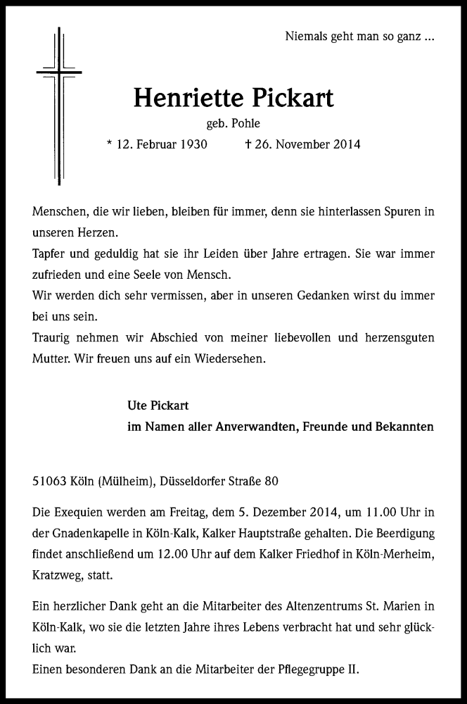  Traueranzeige für Henriette Pickart vom 29.11.2014 aus Kölner Stadt-Anzeiger / Kölnische Rundschau / Express