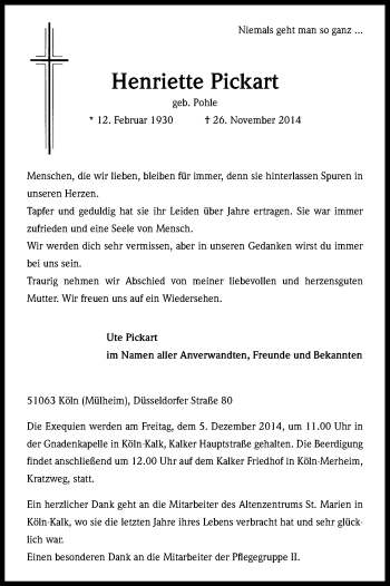 Anzeige von Henriette Pickart von Kölner Stadt-Anzeiger / Kölnische Rundschau / Express