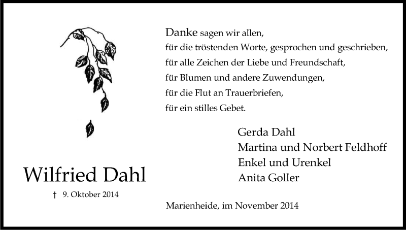  Traueranzeige für Wilfried Dahl vom 29.11.2014 aus Kölner Stadt-Anzeiger / Kölnische Rundschau / Express