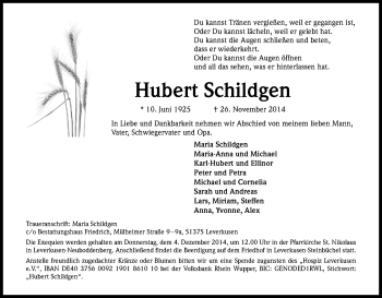 Anzeige von Hubert Schildgen von Kölner Stadt-Anzeiger / Kölnische Rundschau / Express