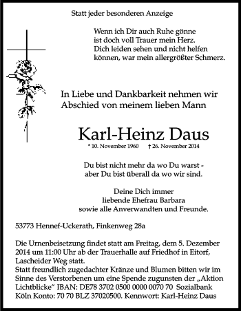 Anzeige von Karl-Heinz Daus von Kölner Stadt-Anzeiger / Kölnische Rundschau / Express