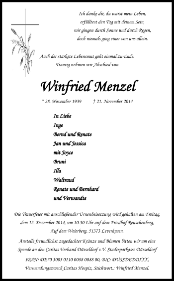 Anzeige von Winfried Menzel von Kölner Stadt-Anzeiger / Kölnische Rundschau / Express