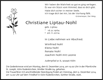 Anzeige von Christiane Liptau-Nohl von Kölner Stadt-Anzeiger / Kölnische Rundschau / Express
