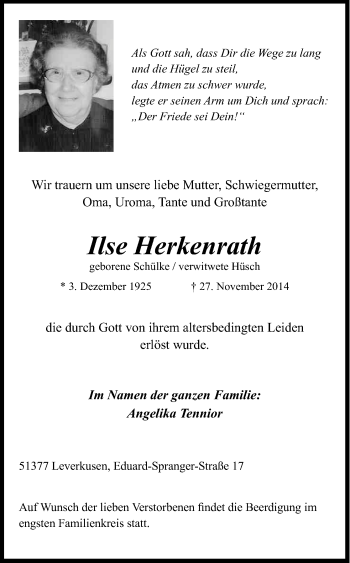 Anzeige von Ilse Herkenrath von Kölner Stadt-Anzeiger / Kölnische Rundschau / Express