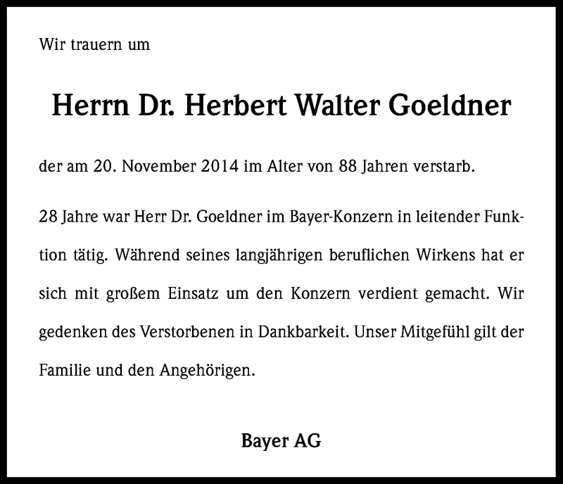  Traueranzeige für Herbert Walter Goeldner vom 29.11.2014 aus Kölner Stadt-Anzeiger / Kölnische Rundschau / Express