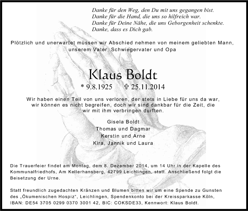  Traueranzeige für Klaus Boldt vom 29.11.2014 aus Kölner Stadt-Anzeiger / Kölnische Rundschau / Express