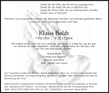 Anzeige von Klaus Boldt von Kölner Stadt-Anzeiger / Kölnische Rundschau / Express