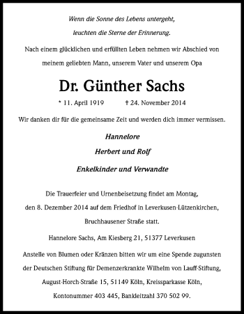 Anzeige von Günther Sachs von Kölner Stadt-Anzeiger / Kölnische Rundschau / Express