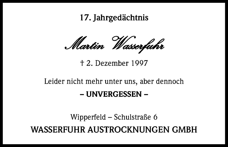  Traueranzeige für Martin Wasserfuhr vom 02.12.2014 aus Kölner Stadt-Anzeiger / Kölnische Rundschau / Express