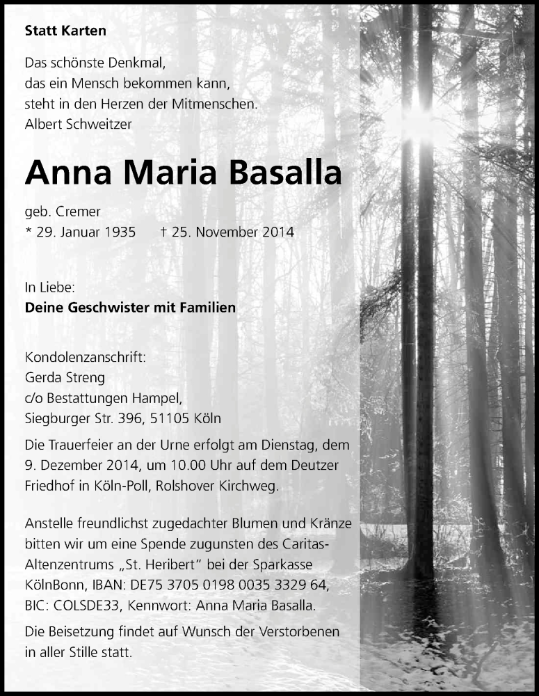  Traueranzeige für Anna Maria Basalla vom 06.12.2014 aus Kölner Stadt-Anzeiger / Kölnische Rundschau / Express