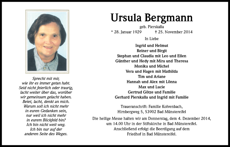 Traueranzeige für Ursula Bergmann vom 01.12.2014 aus Kölner Stadt-Anzeiger / Kölnische Rundschau / Express