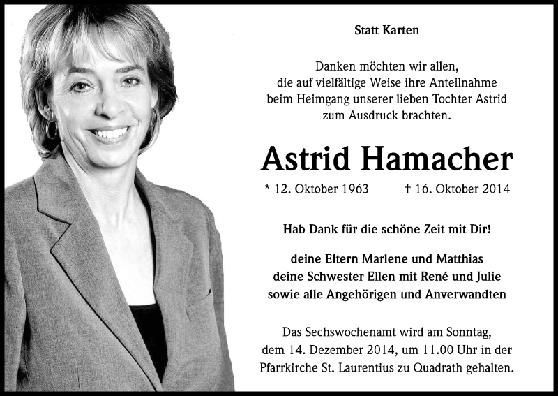  Traueranzeige für Astrid Hamacher vom 06.12.2014 aus Kölner Stadt-Anzeiger / Kölnische Rundschau / Express