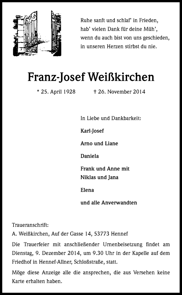 Traueranzeige für Franz-Josef Weißkirchen vom 06.12.2014 aus Kölner Stadt-Anzeiger / Kölnische Rundschau / Express