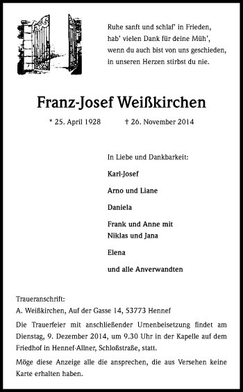 Anzeige von Franz-Josef Weißkirchen von Kölner Stadt-Anzeiger / Kölnische Rundschau / Express