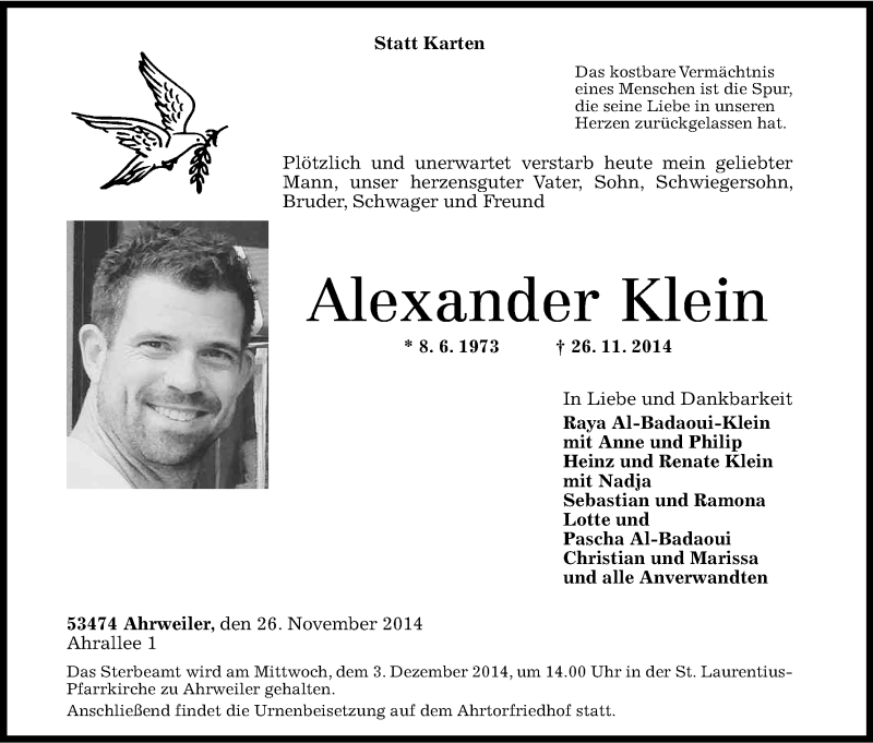  Traueranzeige für Alexander Klein vom 01.12.2014 aus Kölner Stadt-Anzeiger / Kölnische Rundschau / Express