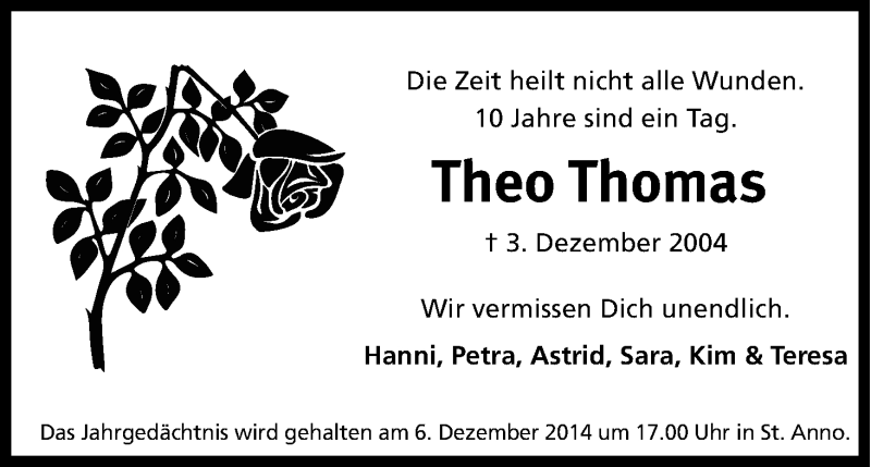  Traueranzeige für Theo Thomas vom 03.12.2014 aus Kölner Stadt-Anzeiger / Kölnische Rundschau / Express